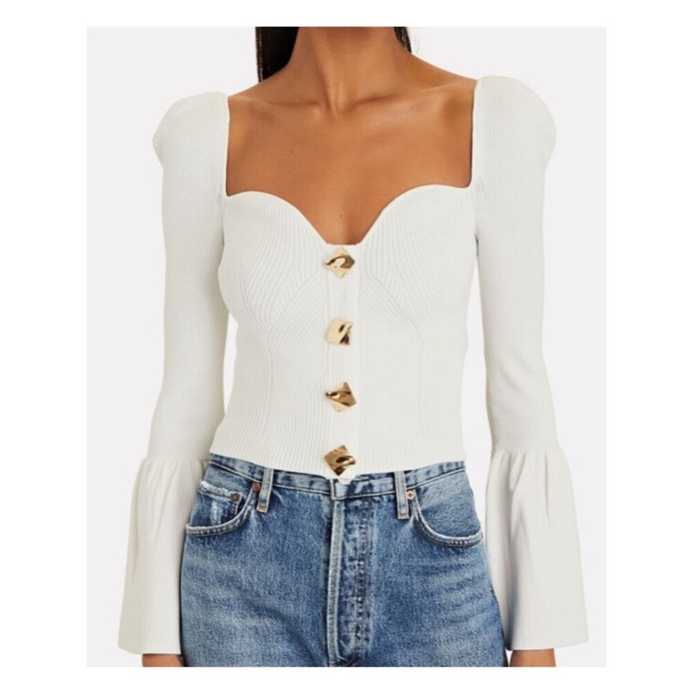 Self-Portrait White Ribbed Knit Cardigan